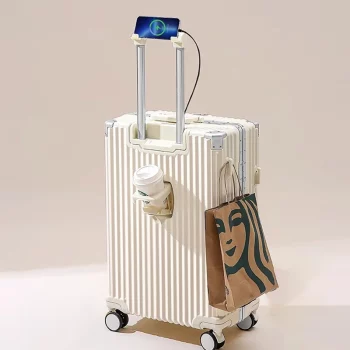 K2185 Multifunction Suitcase Aluminum Frame Luggage with USB Cup Holder Rolling Trolley Case
