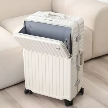 K2595 Aluminum frame travel suitcase on wheels USB Front opening lightweight luggage