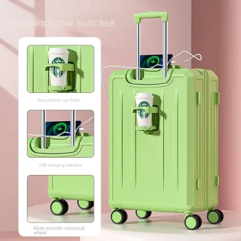 K2499 New Fashion Suitcase USB Charging Port Luggage with Cup Holder Trolley Case