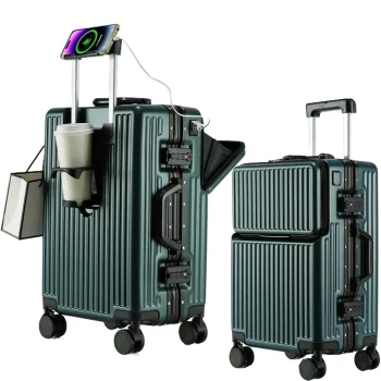 K2098 Aluminium Frame Rolling Luggage with Cup Holder Mobile Phone Holder Front Opening Suitcase